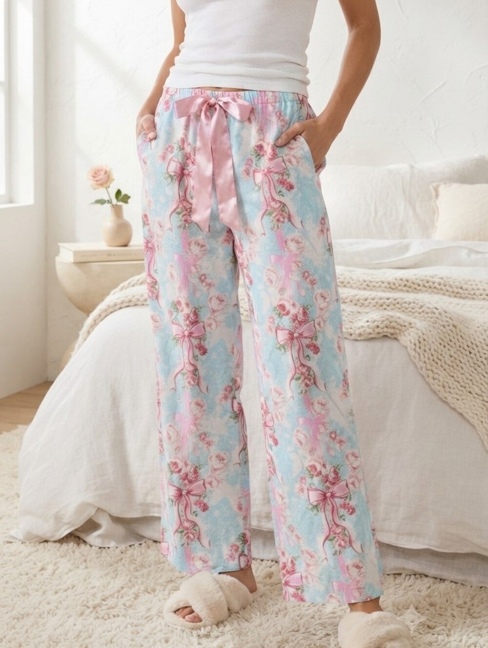 Peter Alexander Floral Bow Pajama Pants NWT Small Blue Pink Sleepwear Lounge